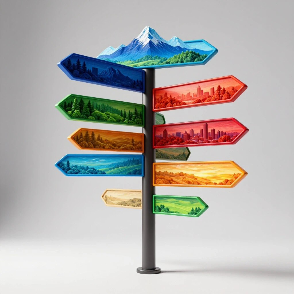 A vibrant signpost with bold colored arrows pointing to contrasting landscapes, symbolizing career paths.