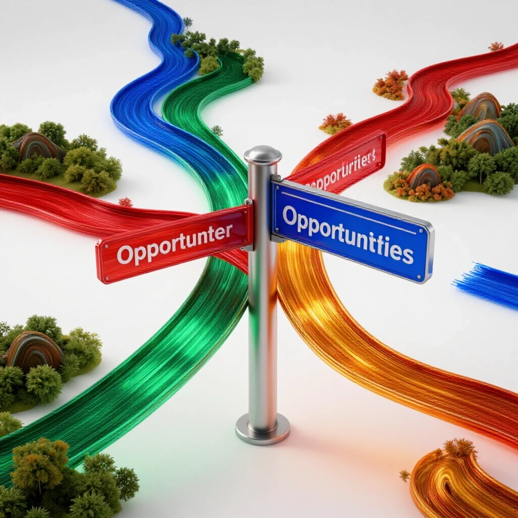 Glossy crossroads signpost with vibrant, glowing colored paths branching into different landscapes on a bright white background
