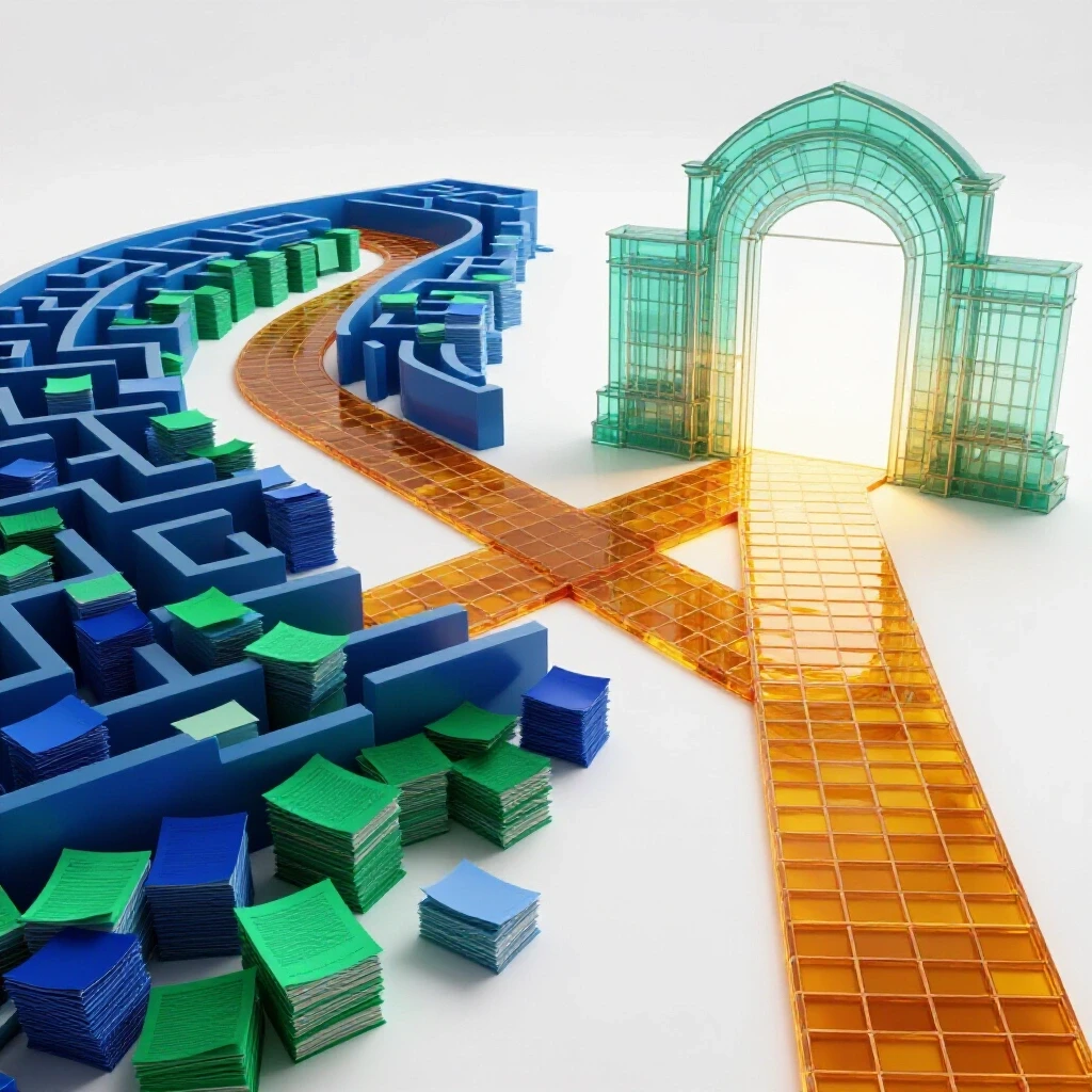 Glossy documents forming a maze at a crossroads leading to a bright campus gate on a luminous background