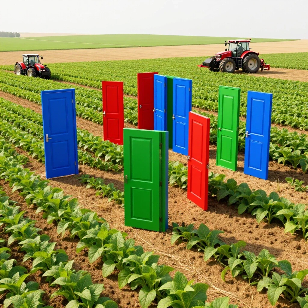 Sunlit farm with bright, colorful open doors among fields and equipment, symbolizing hidden career opportunities