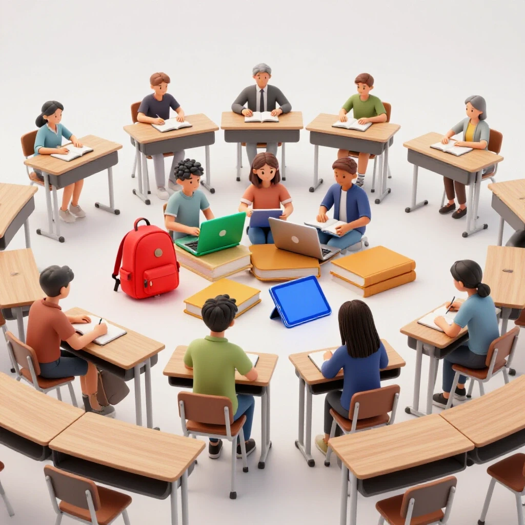 Cluster of vividly colored school items for various age groups arranged centrally in a bright, modern classroom setting.