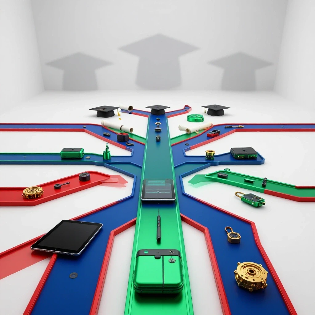 Vivid, multi-pathway workspace with tech tools and academic symbols in a bright, modern setting.