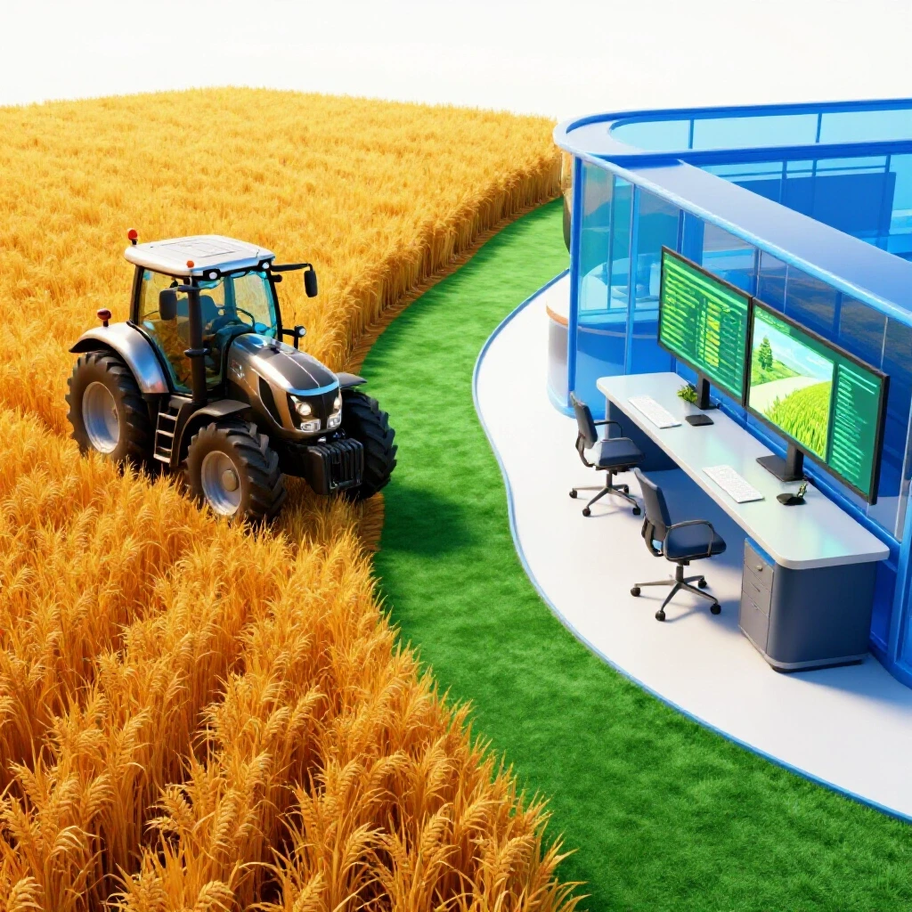 A split scene showing a golden harvest field and a modern office with agricultural data screens, connected by a curving path.