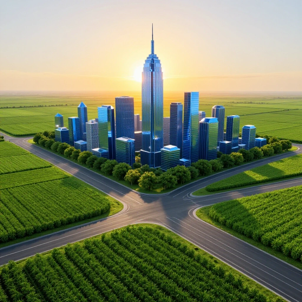 A vibrant crossroads merging a green field with a modern city skyline under a golden sunrise, symbolizing opportunity.