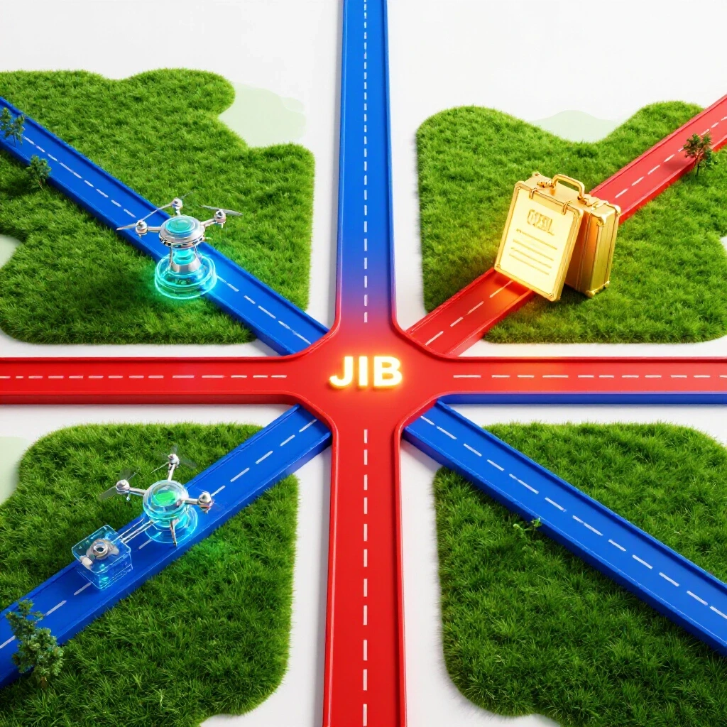 Vivid crossroads showing a green tech-filled field on one side and a golden job offer on the other, illustrating career choices.