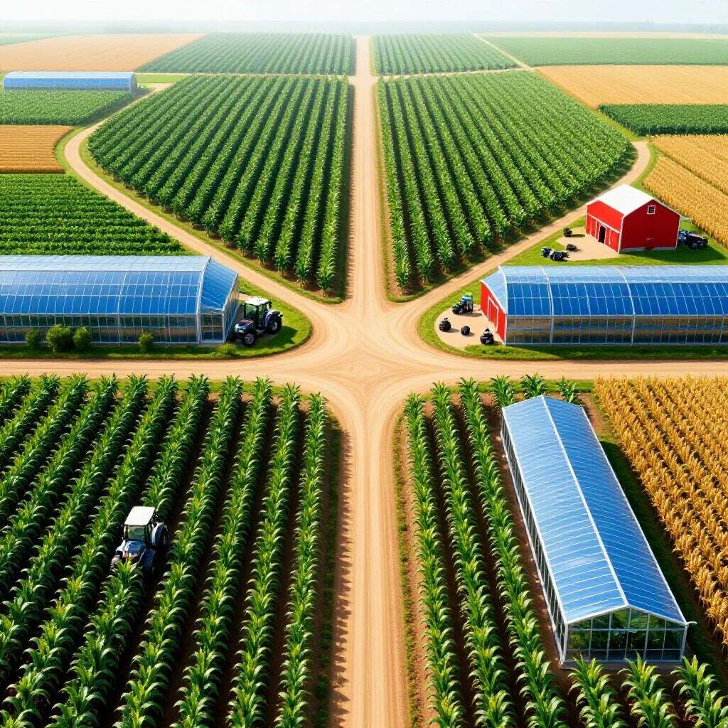 Vibrant rural crossroads with lush crops leading to modern ag facilities, traditional farms, and farm tech equipment under bright lighting