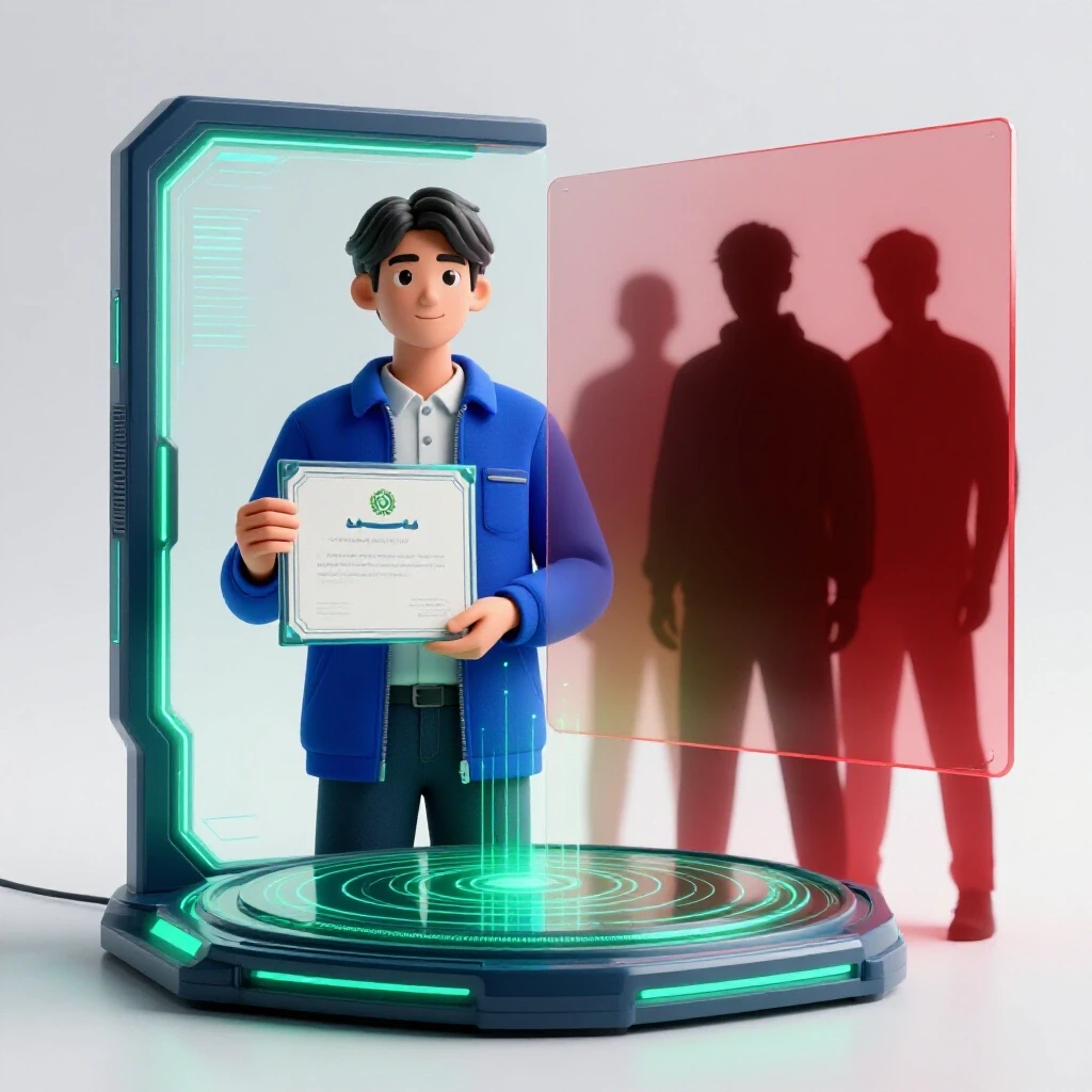 Split scene showing a student with a glowing digital certificate beside shadowy figures behind a screen, highlighting AI and credential authenticity.