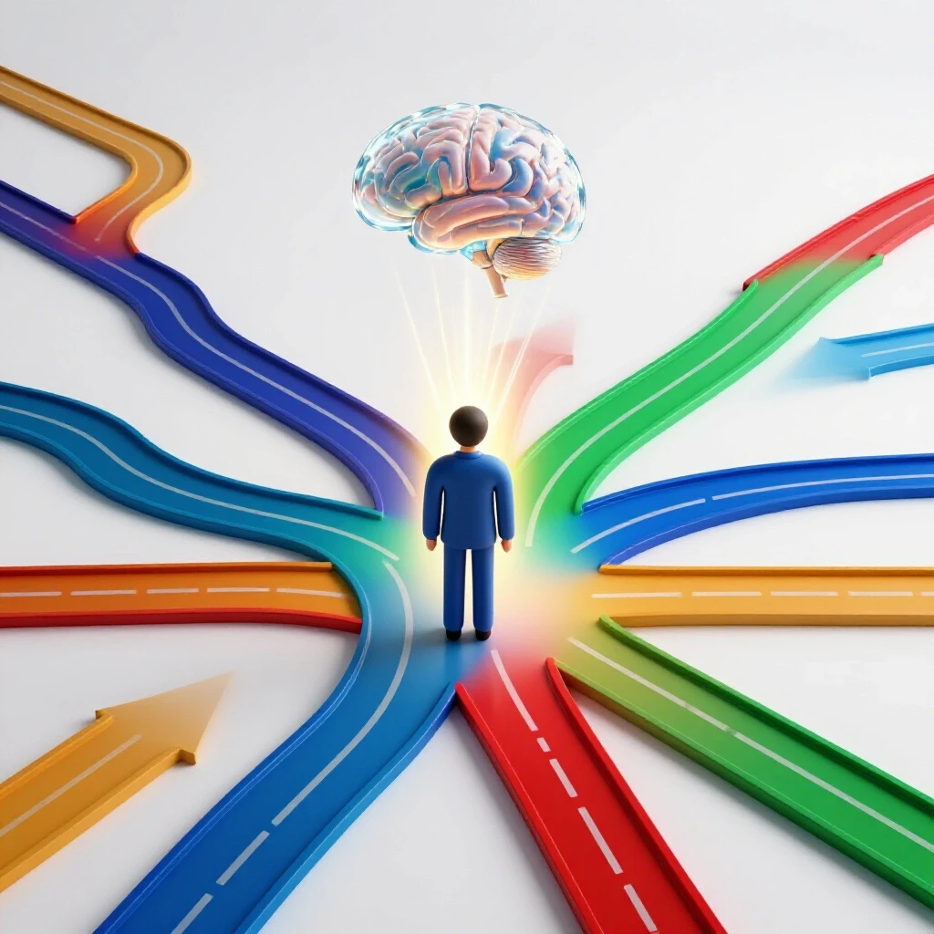 Abstract crossroads with winding colorful academic paths and a glowing AI brain casting light as guidance
