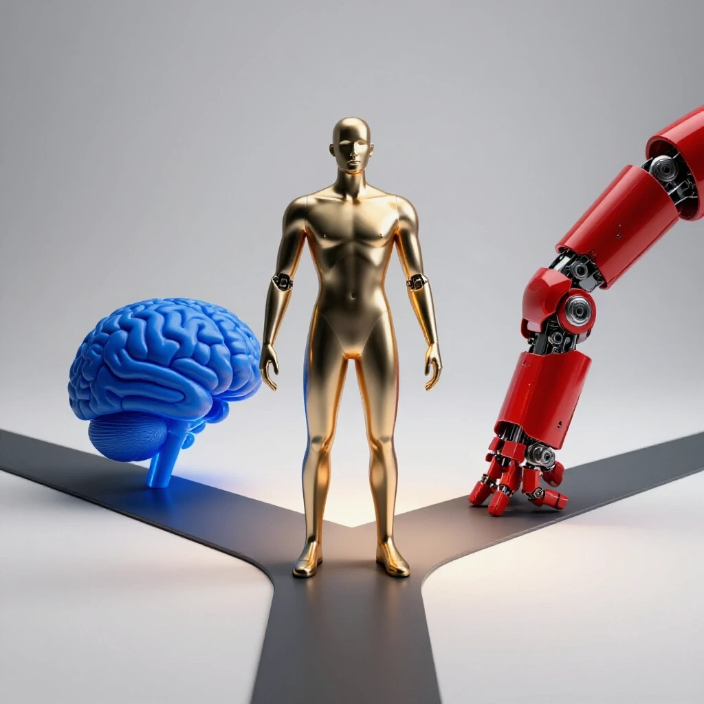 Abstract professional figure at crossroads between glowing blue brain and crimson robotic arm on bright background