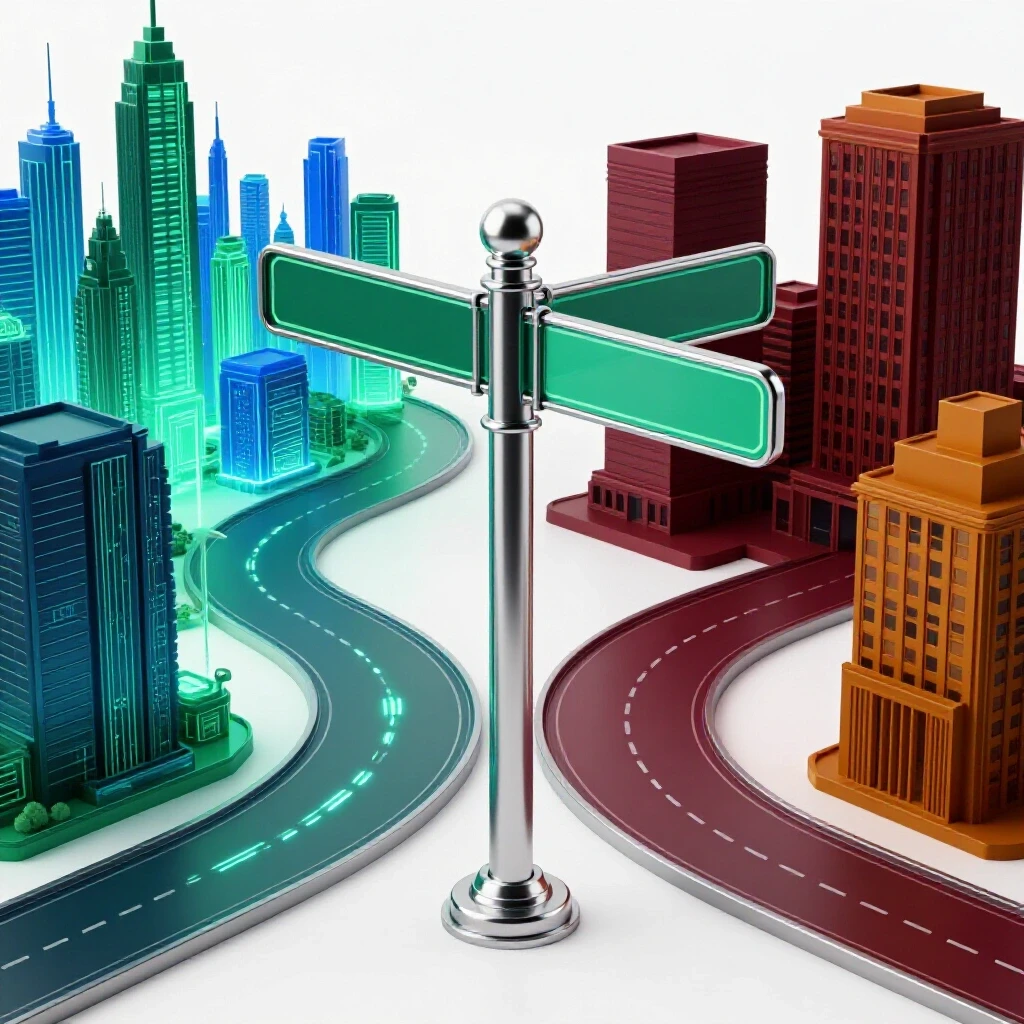 Glossy 3D crossroads signpost with AI city and traditional office paths under bright studio lighting