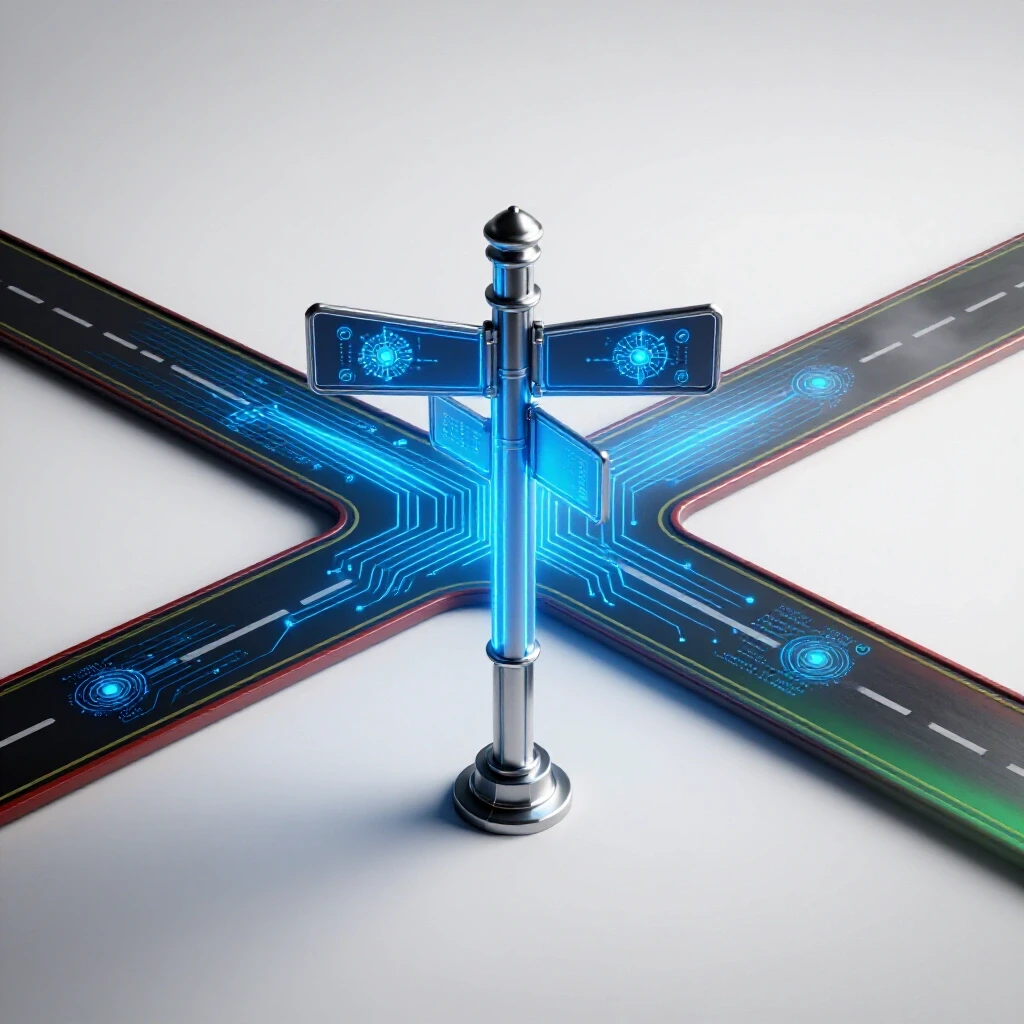 Bright futuristic crossroads with glowing AI symbols on one path, fading uncertainty on the other, centered in a luminous studio setting.