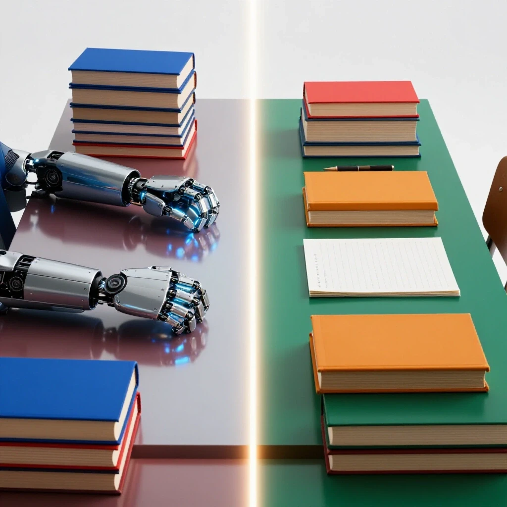 Split classroom scene with robotic hands and hidden devices on one side, focused study area on the other, divided by a beam of light