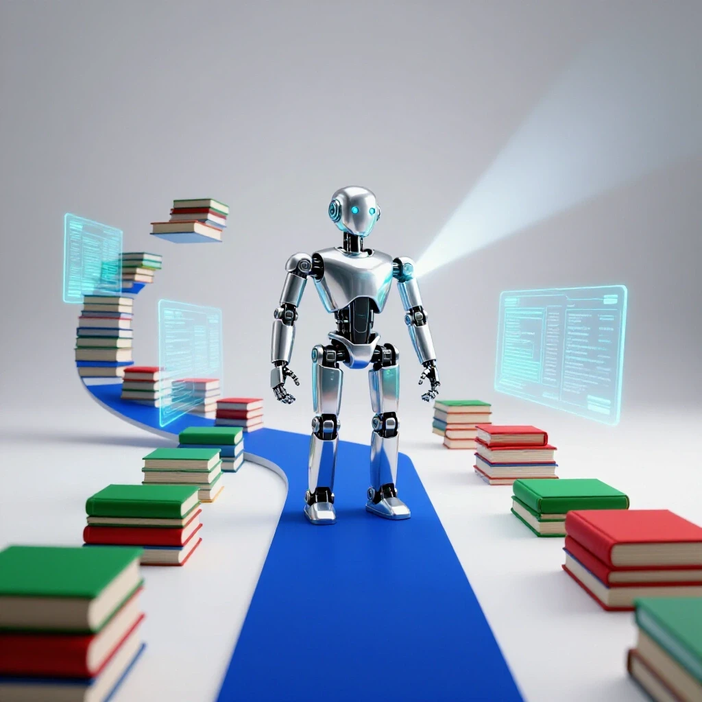 Futuristic robotic guide lighting a vibrant pathway of floating books and digital screens against a bright white background.