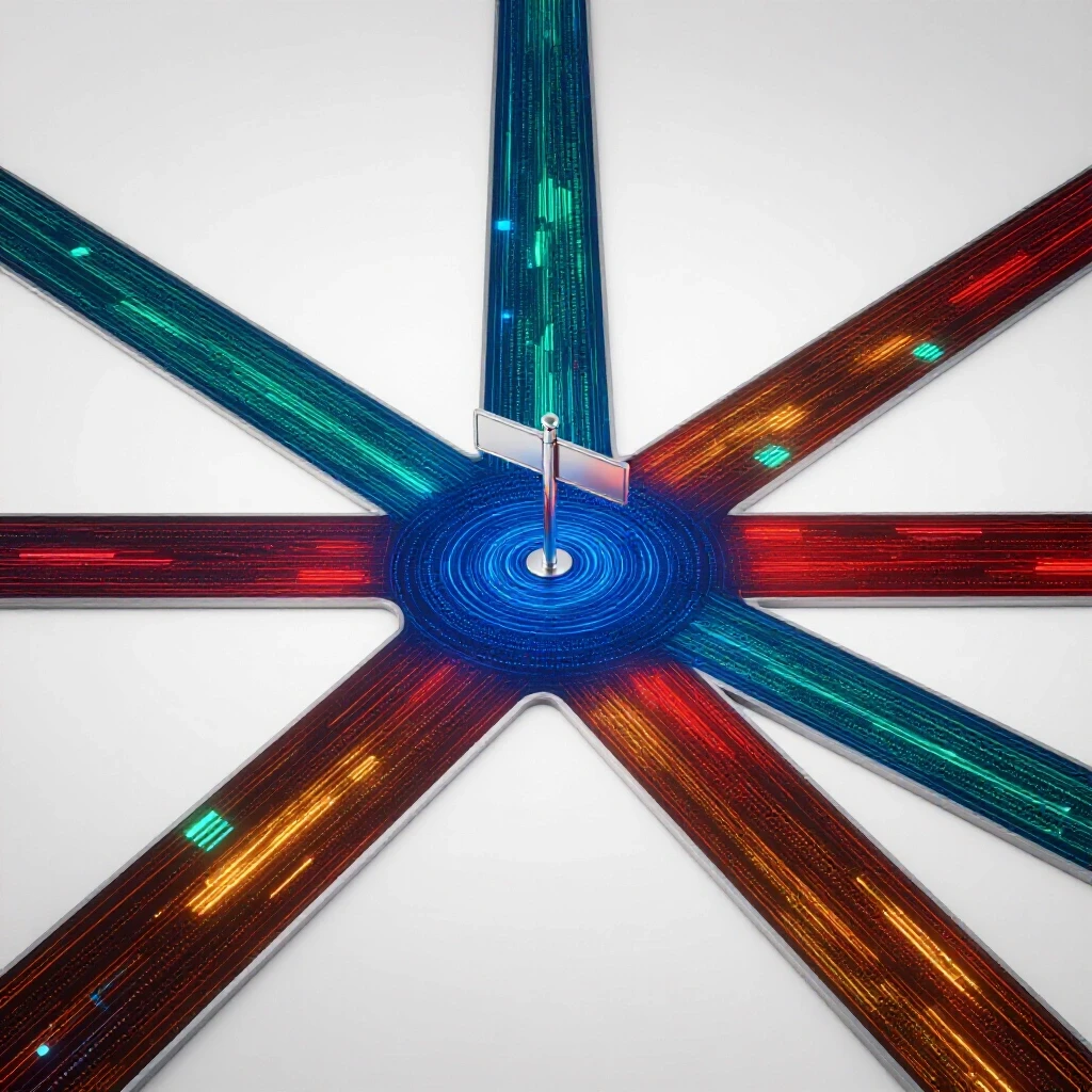 Futuristic crossroads with glowing, data-patterned paths leading in multiple directions under bright lighting.