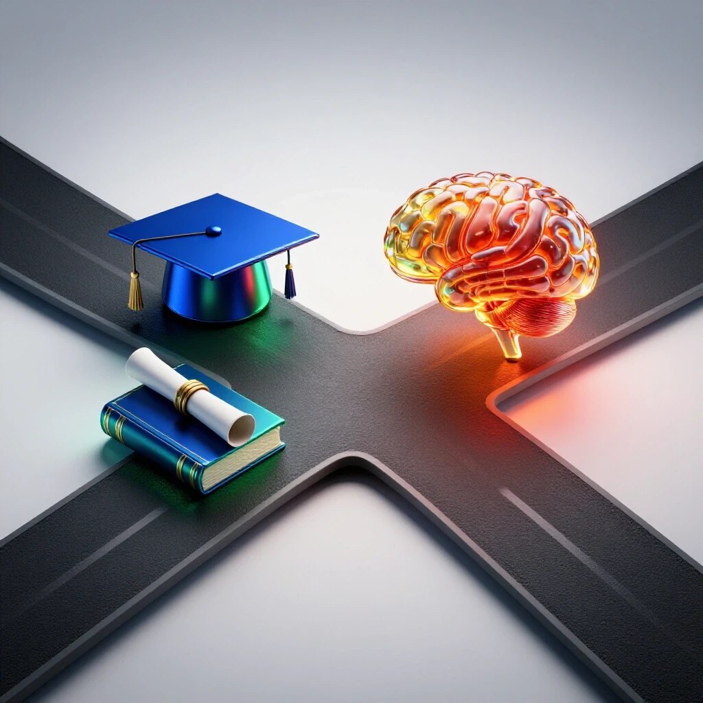 A crossroads with traditional academic symbols on one path and a glowing AI brain on another, set on a bright background.