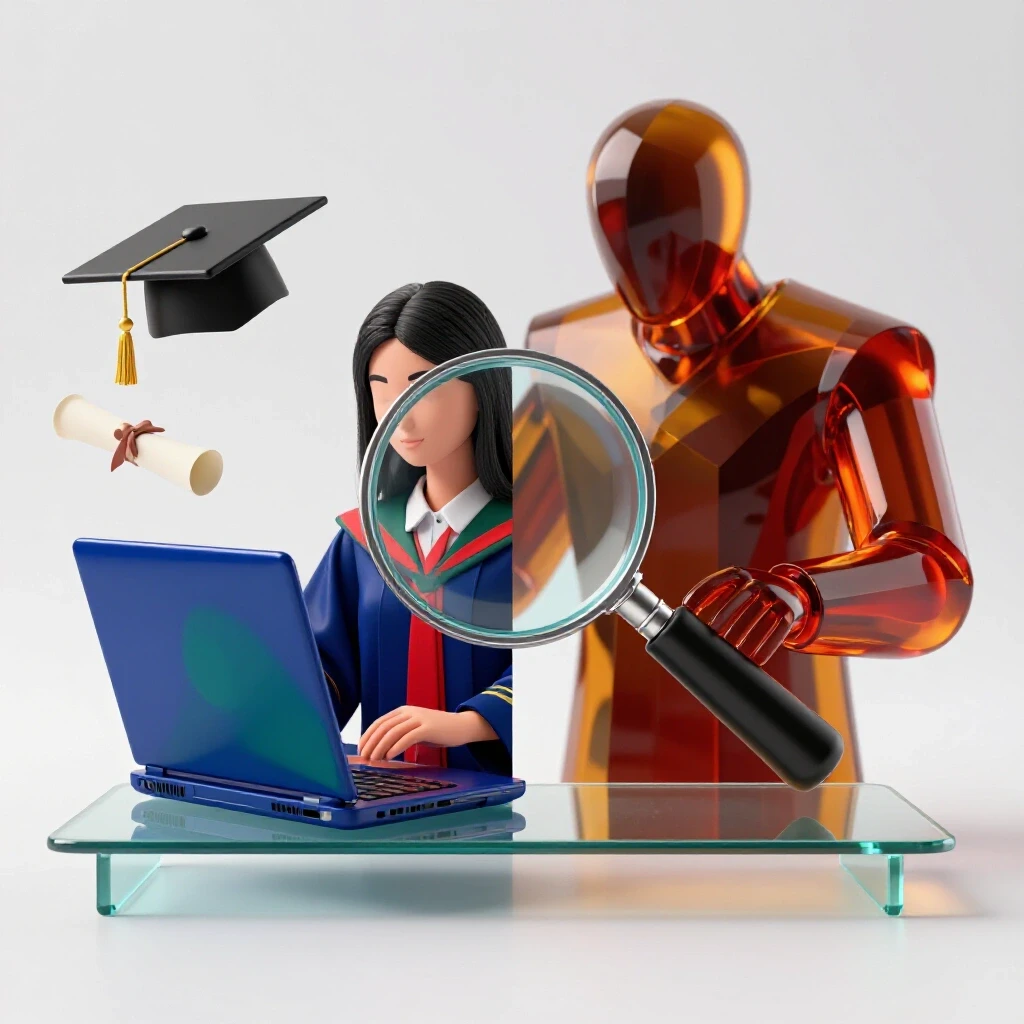 Vivid split image with a confident student using a colorful laptop on one side and a mysterious AI figure observing, connected by a magnifying glass motif.