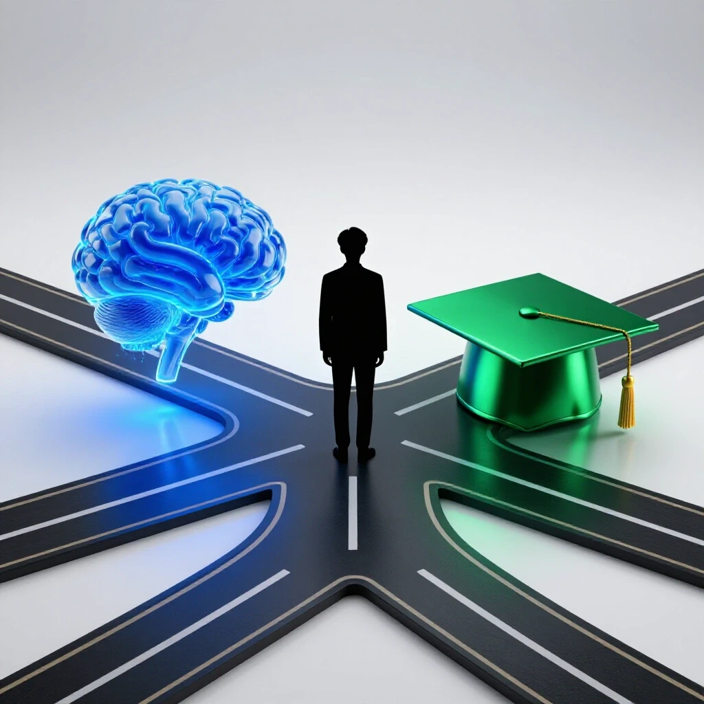 Forked path with AI brain glowing in blue on one side and emerald green academic cap on the other