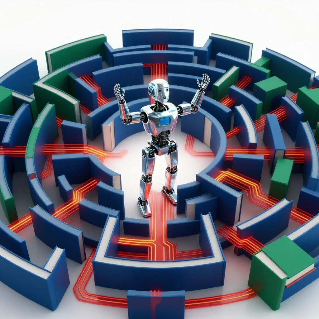 A confused metallic robot stands at the center of a tangled maze of colorful books and digital circuits on a luminous white background.