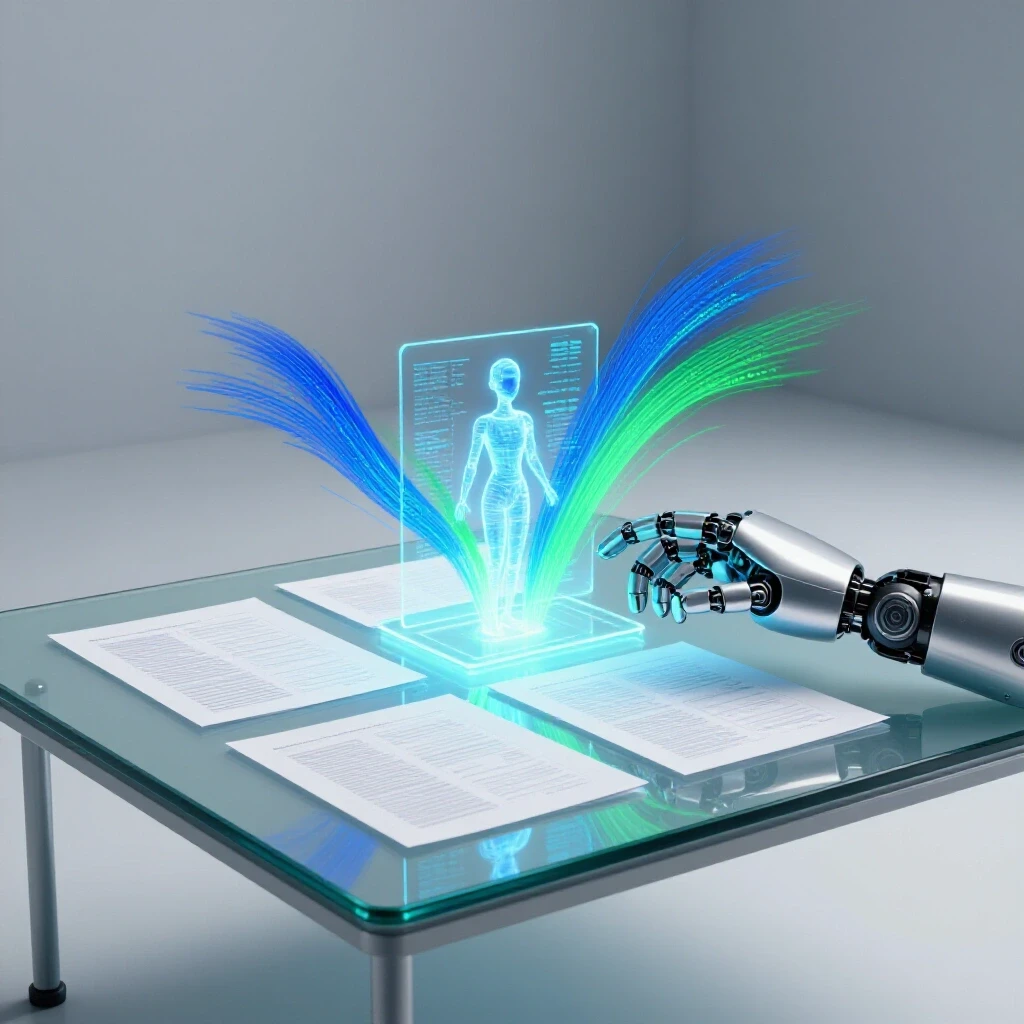 Futuristic workspace with AI hologram and robot hand examining glowing research papers and flowing digital data.