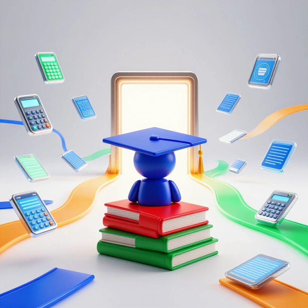 Central symbolic student object amid glowing AI study tools and vibrant pathways leading to a bright exam portal on a luminous white background.