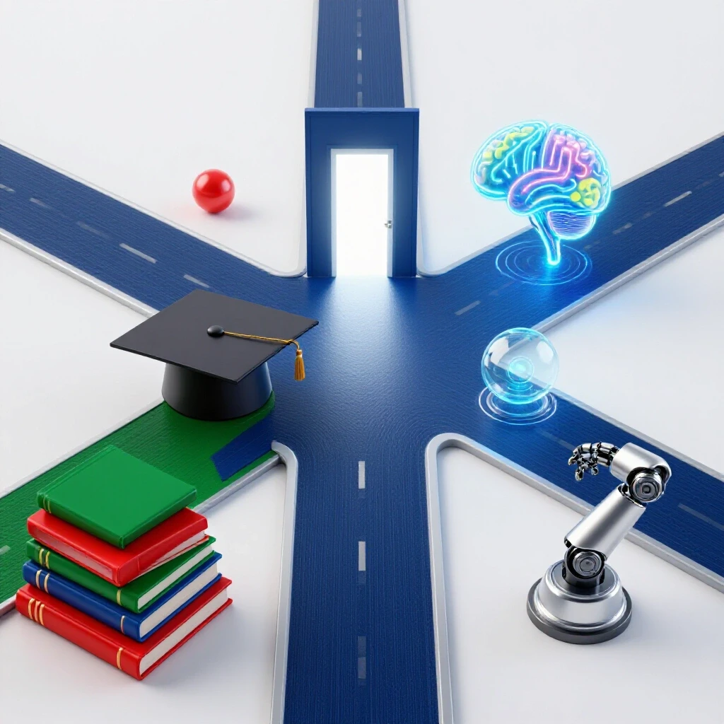 A crossroads with academic symbols on one path and AI-inspired icons on the other, leading to a glowing doorway.
