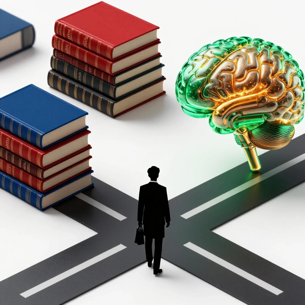 A law student stands at a crossroads between glowing AI brain and traditional law books, paths diverging.