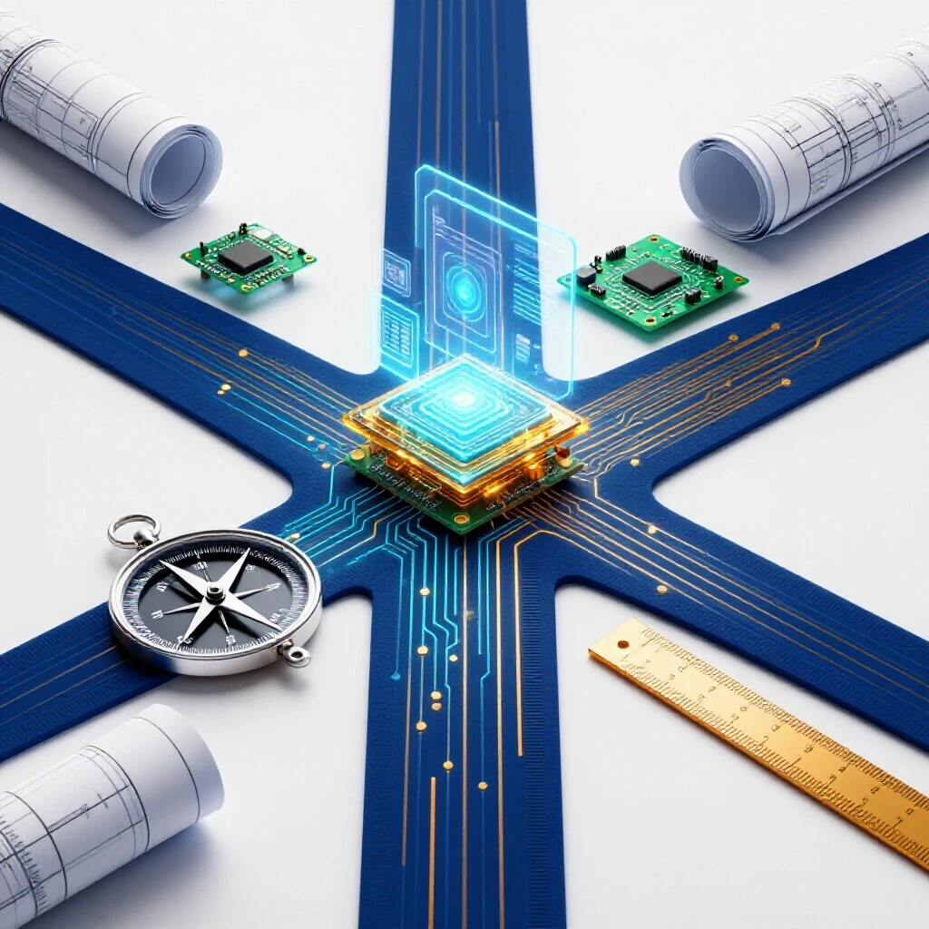 Futuristic crossroad where classic engineering tools blend into glowing AI interfaces on a bright background