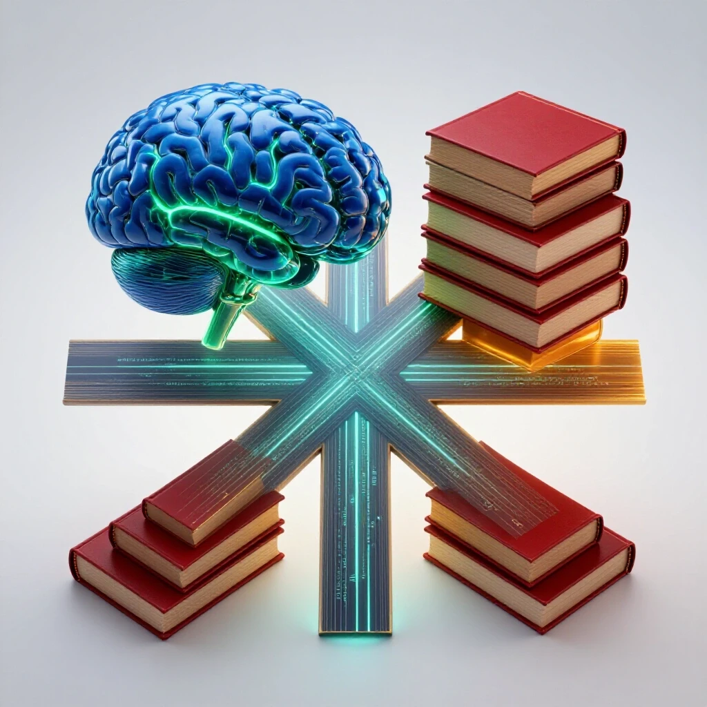 A crossroads with a glowing AI brain and a vibrant book stack linked by digital code on a bright background.