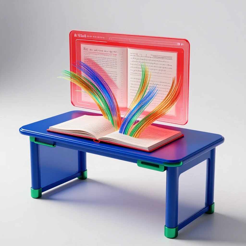 Futuristic desk with holographic AI transforming handwritten notes into digital pages, vivid data streams connect notebook and glowing interface on a bright background.