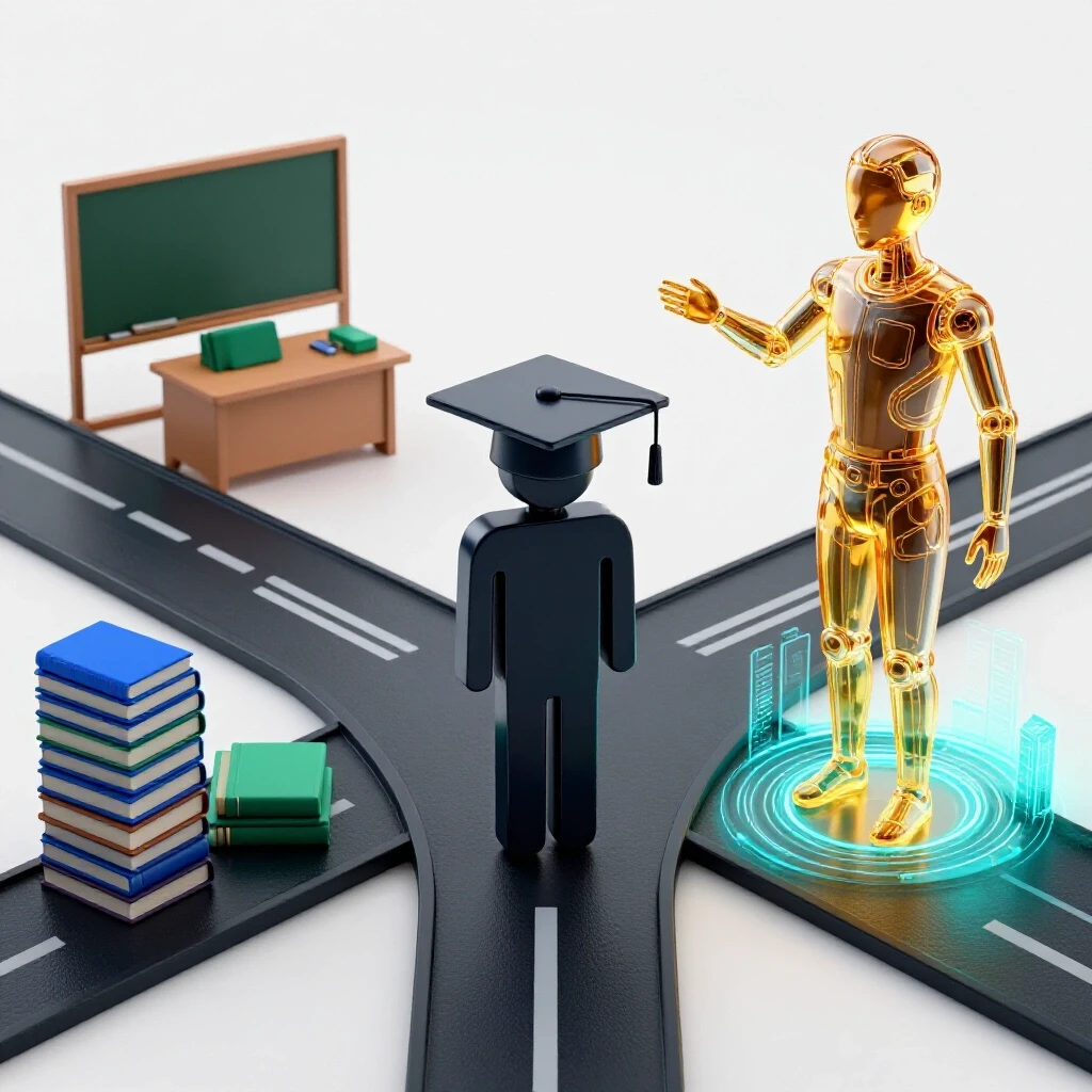 A symbolic student stands at a crossroads between a classic classroom and a glowing digital future, guided by a holographic figure.