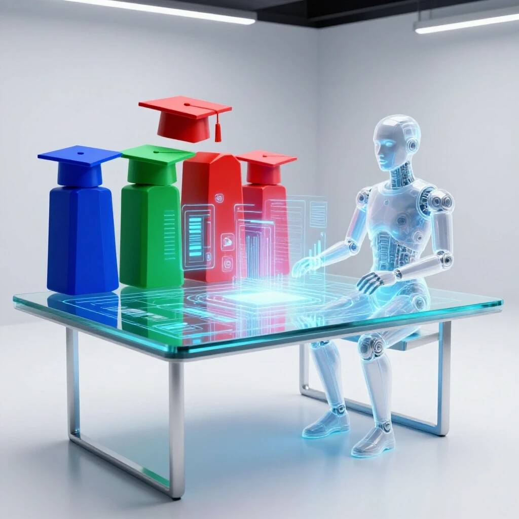 Futuristic interview scene with holographic AI figure and colorful graduate symbols at a glowing digital interface.