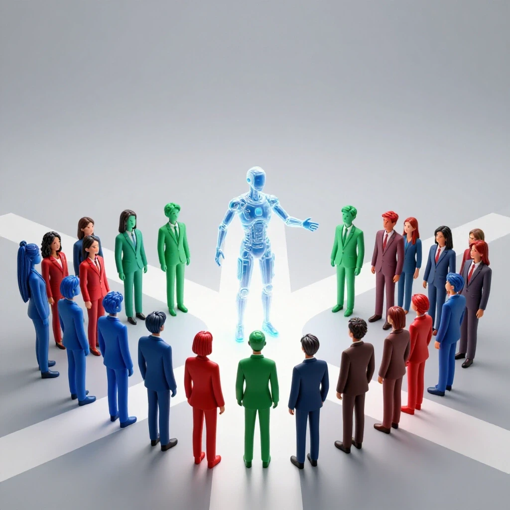 Diverse group of students and job seekers at a crossroads, guided by a radiant AI figure in a bright setting.