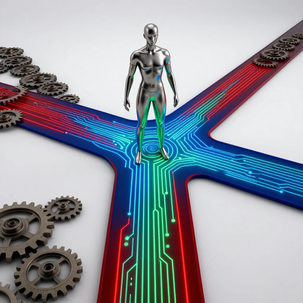 A metallic figure stands at a glowing crossroads, technology symbols lighting one path and fading gears the other.