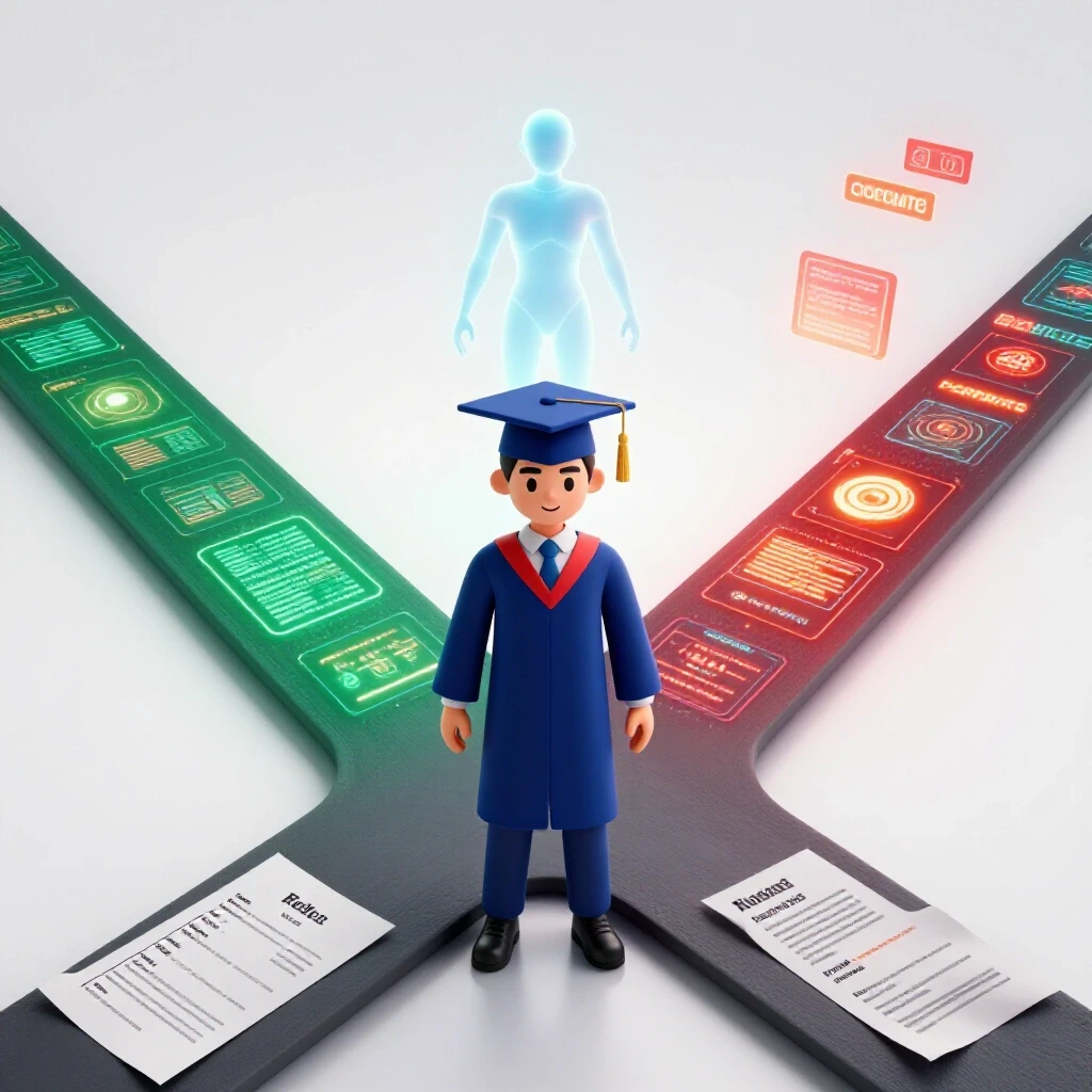 A graduate stands at a crossroads where paper resumes transform into glowing digital paths, guided by an abstract AI figure.
