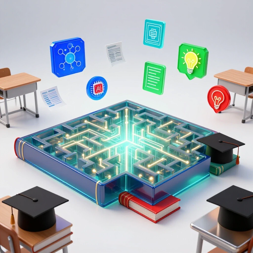 Symbolic maze merging with classroom objects, floating AI icons, vivid colors, on a bright white background.