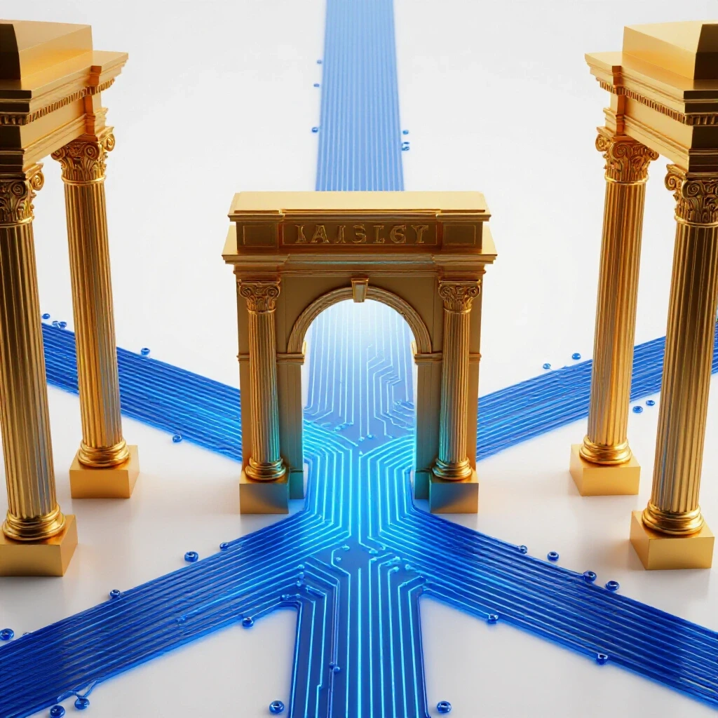 Glowing blue digital circuit intersects with deep gold academic archway on bright white background, symbolizing AI and master’s degree synergy.