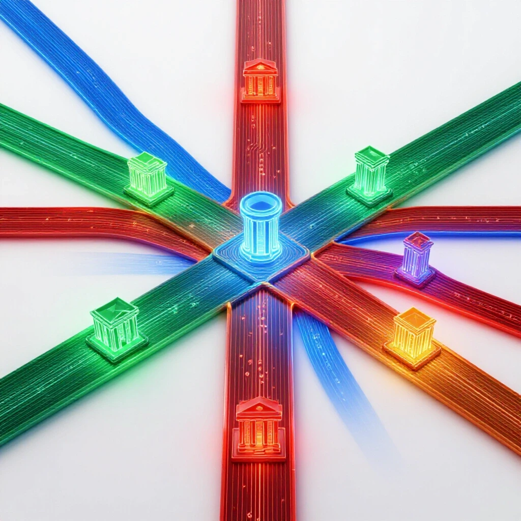 Futuristic crossroads of glowing digital pathways leading to illuminated university icons, set on a clean bright background.