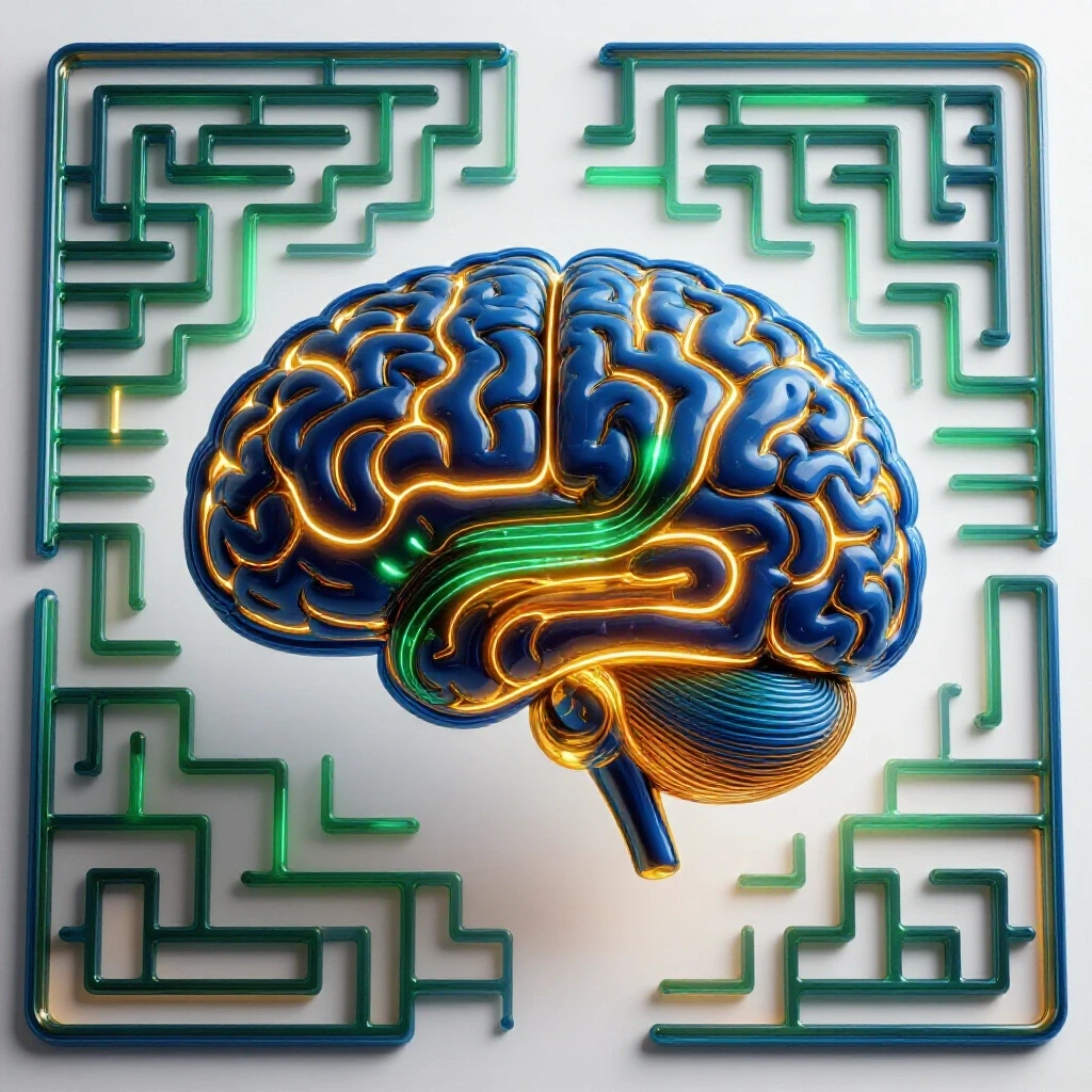 Glowing brain-shaped maze with vibrant illuminated AI light paths on a bright white background, symbolizing intelligent research pathways.