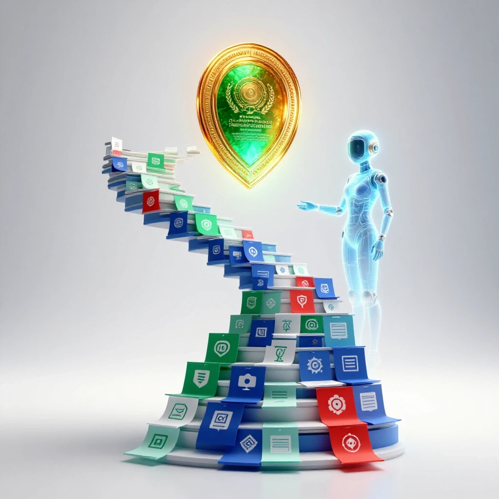 A vibrant staircase of digital notes and icons leads to a glowing certification badge, guided by an AI assistant in a bright studio setting.