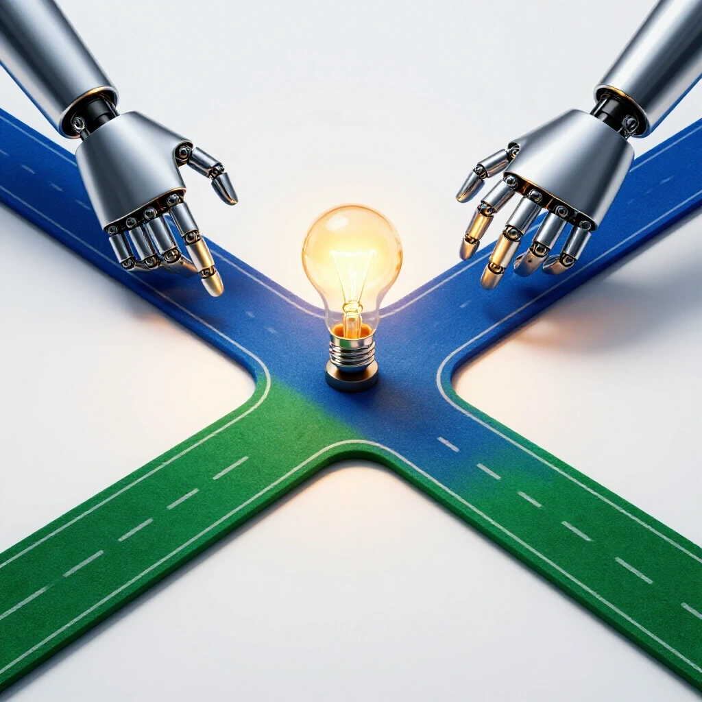 A crossroads with a glowing lightbulb on one path and a metallic robotic hand on the other, symbolizing creative ideas versus artificial shortcuts, in a bright white studio setting.