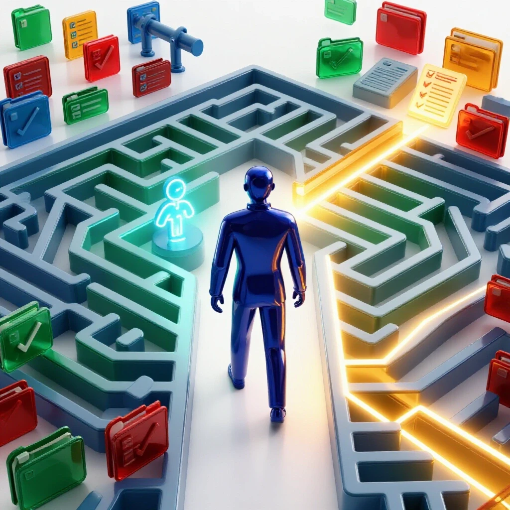 Abstract figure navigates a vibrant digital project maze, guided by a glowing AI assistant on a bright background.