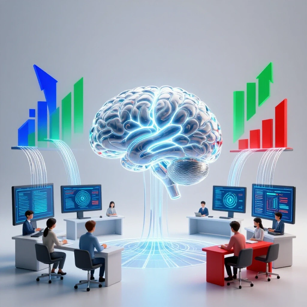 A glowing AI brain connects to vivid data streams transforming into upward progress charts in a bright, modern classroom.