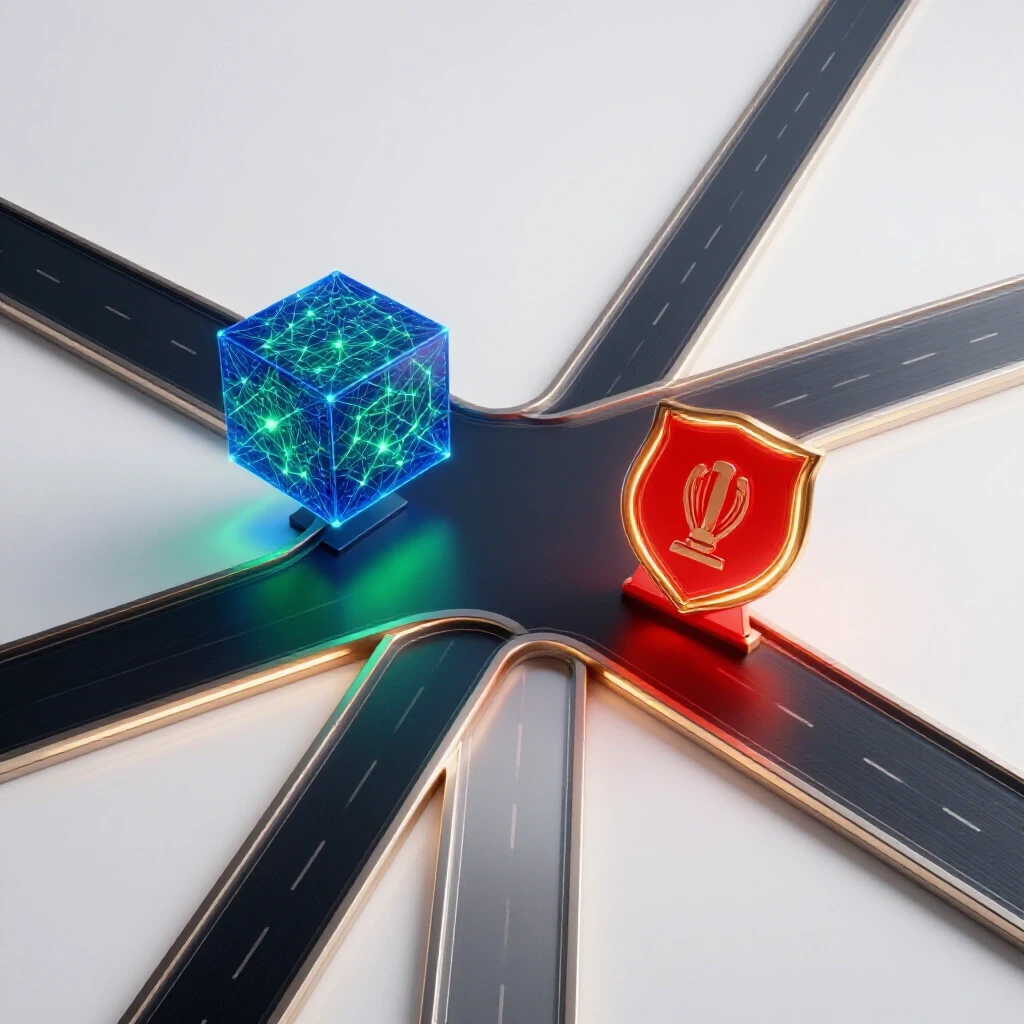 At a luminous crossroads, a sleek AI interface and a glowing certification emblem stand under bright studio lighting.