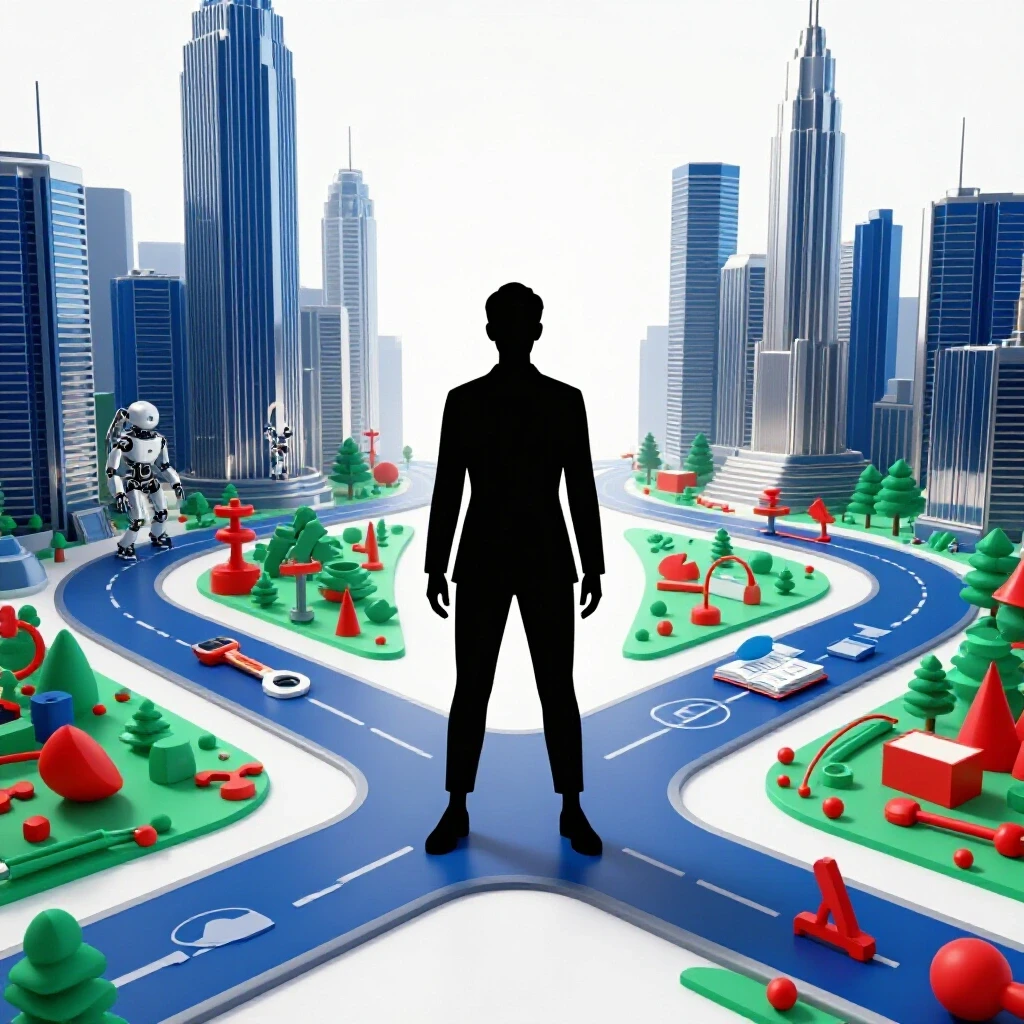 Confident individual at a crossroads with one path to a robot city and another to thriving human careers amid bright colors.