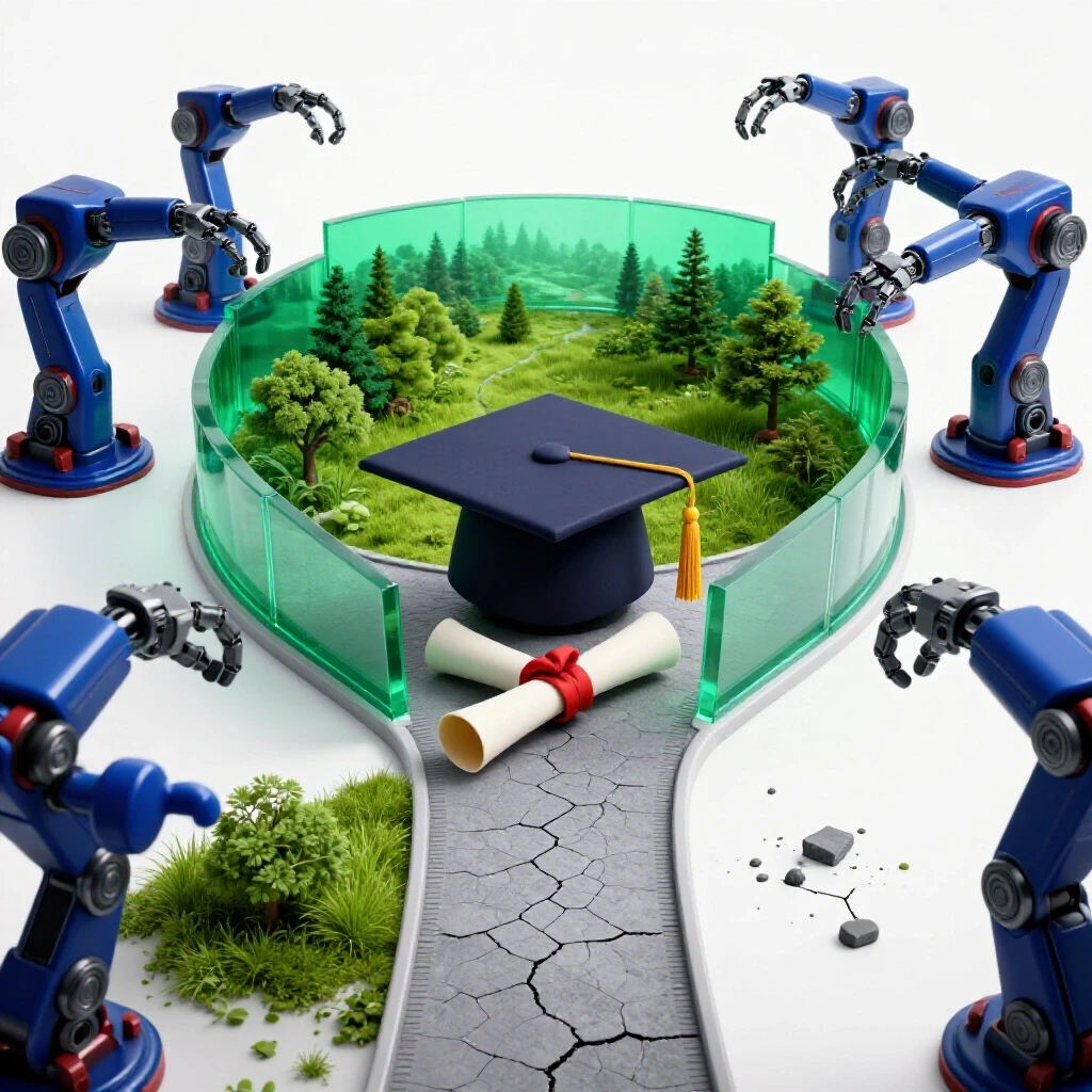 Graduation cap and diploma at a crossroads; one path leads to a lush protected landscape, the other to robotic arms stretching over barren ground.