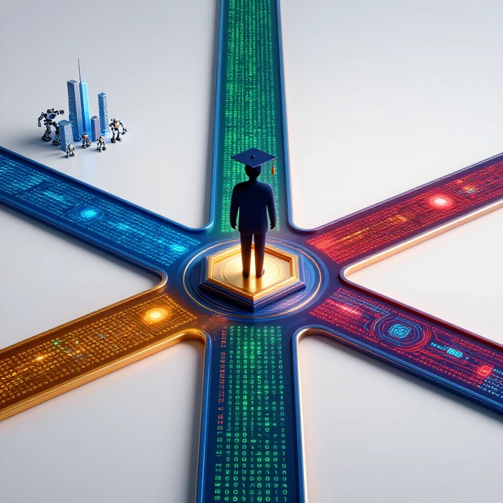 A symbolic student stands at a glowing digital crossroads, vibrant branching paths lead to tech-inspired career landscapes.