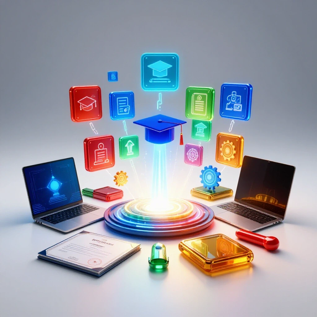 Glowing AI interface projects career and learning icons over vibrant education tools on a bright background.