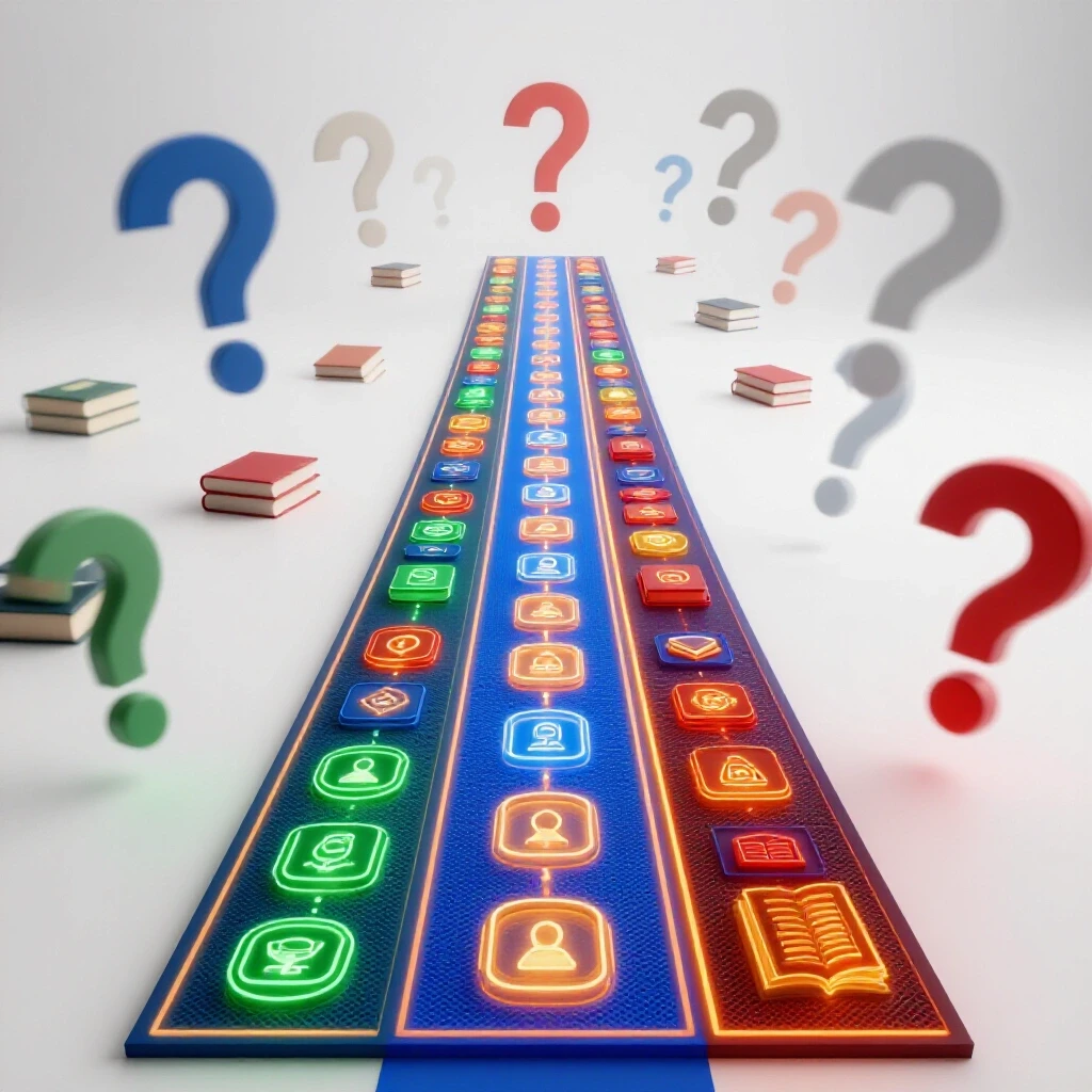 Glowing pathway of AI study tool icons emerges from faded textbooks and question marks on a bright background