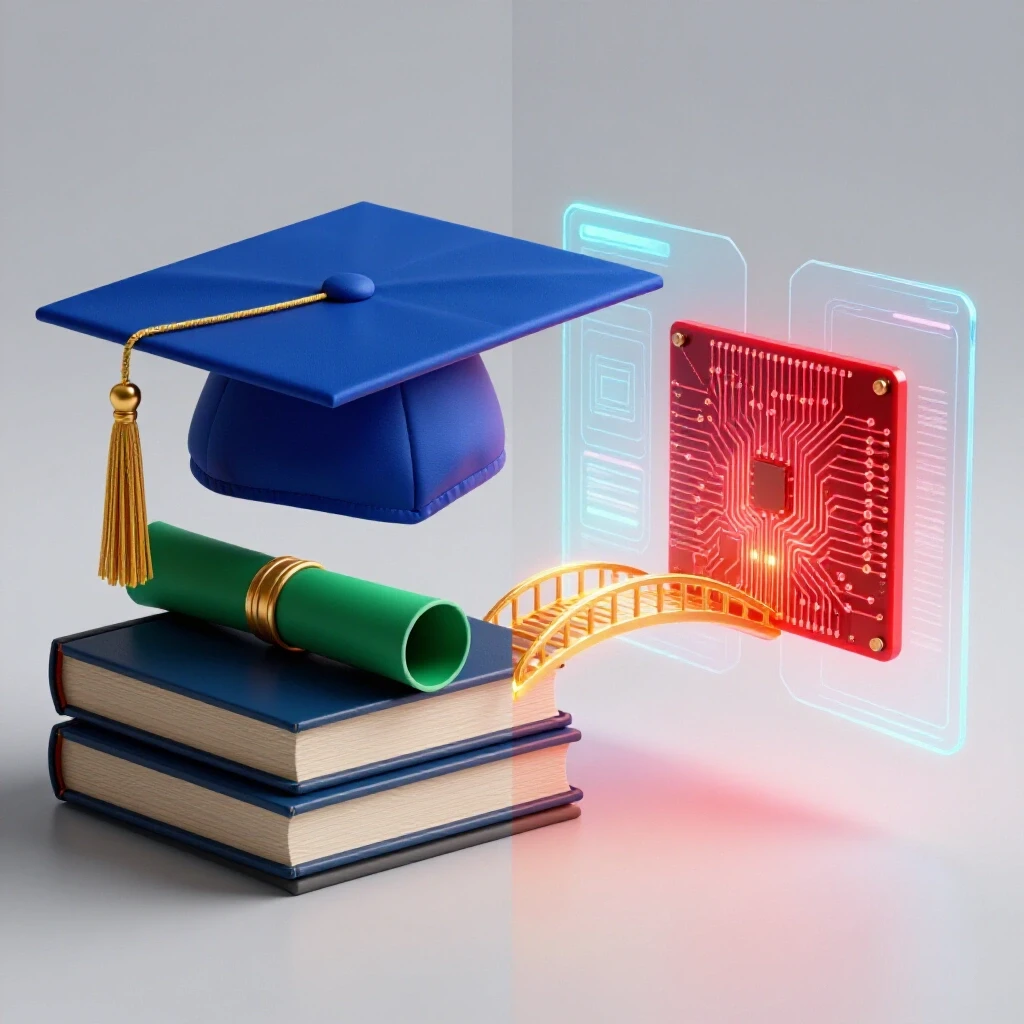 Split image showing classic graduation cap and diploma on one side, futuristic AI interfaces and circuitry on the other, linked by a glowing bridge.
