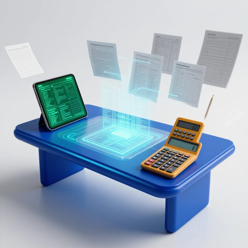 Futuristic workspace with glowing AI devices, holographic study aids, and fading analog tools on a bright background.